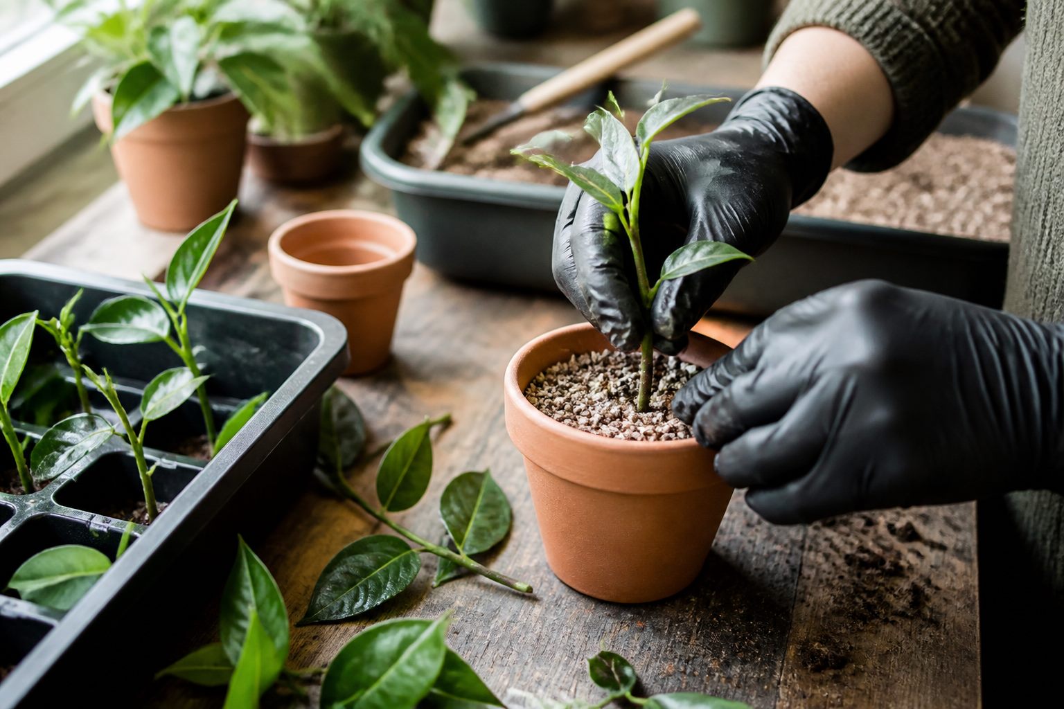 Stikling plantes omhyggeligt i vækstmedie