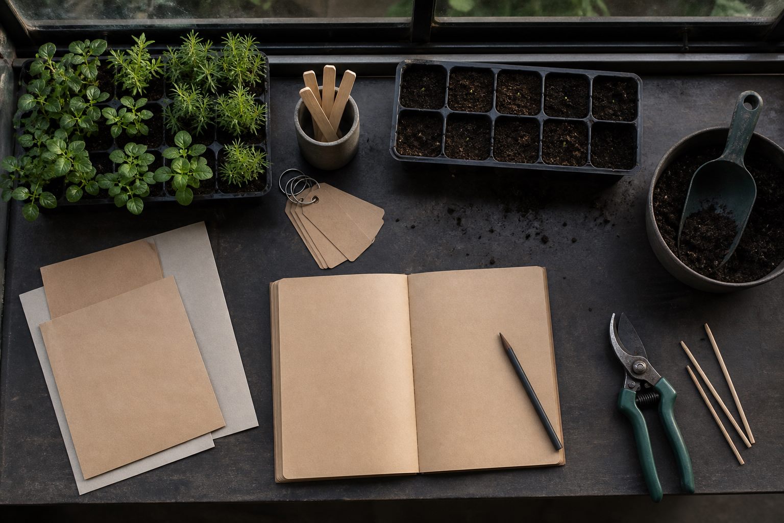 Arbejdsbord med plantebakker, redskaber og åben notesbog