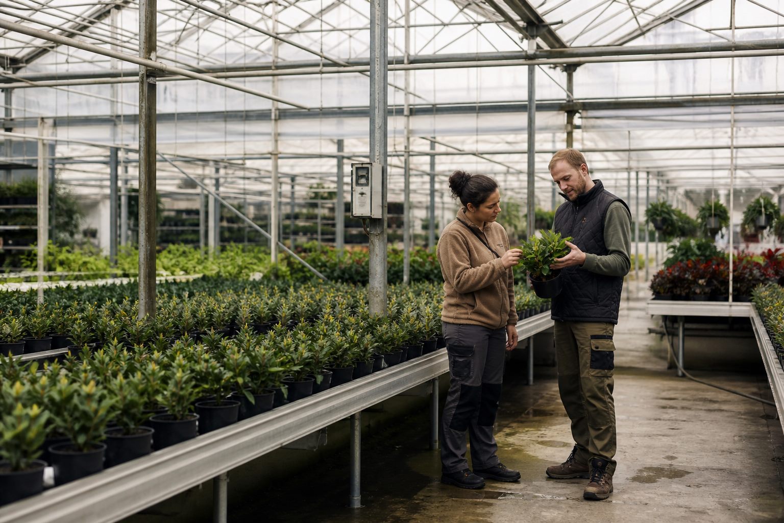 To gartnere drøfter en plantes udvikling i drivhuset