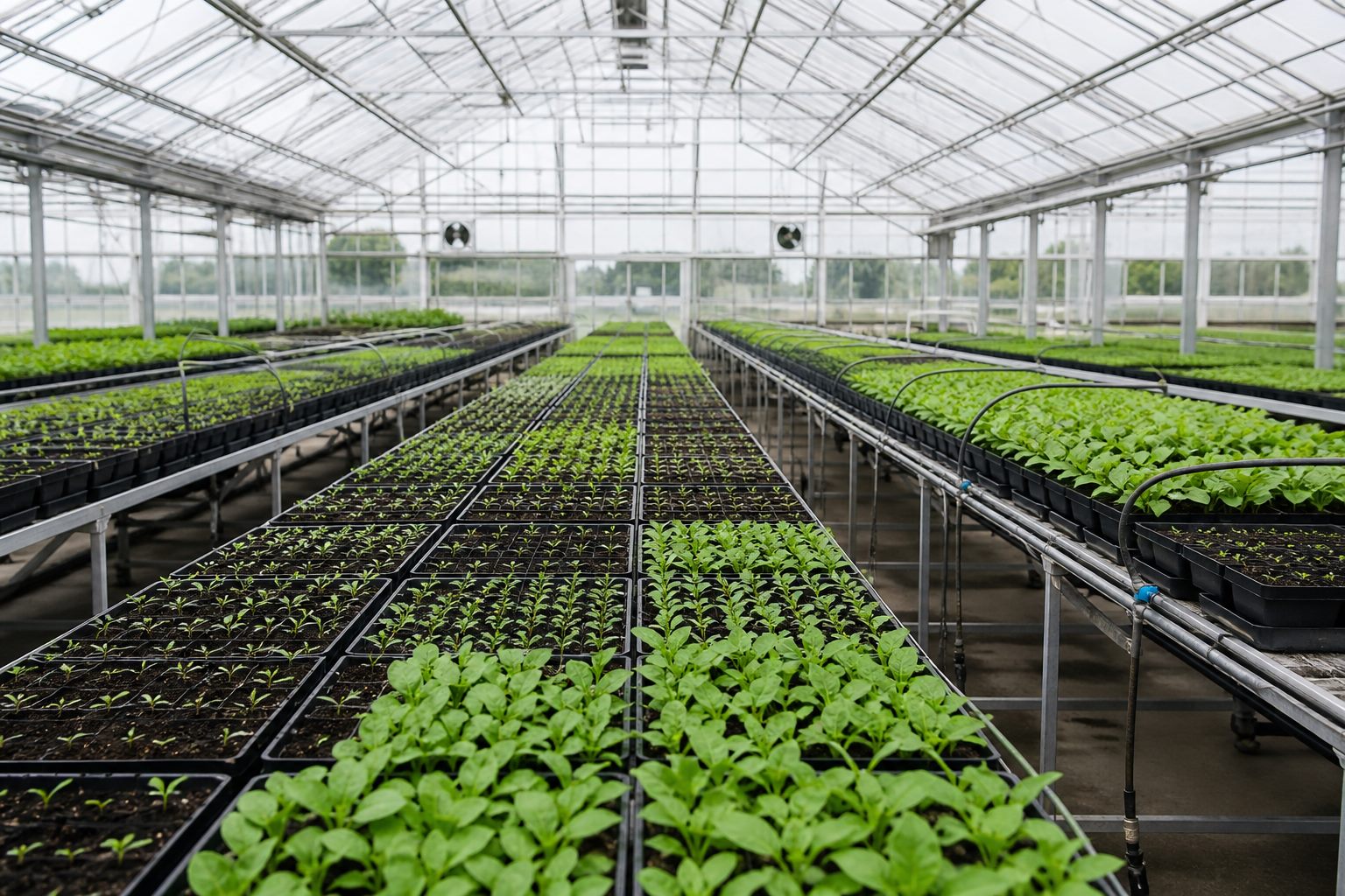 Rækker af unge planter i et lyst drivhus